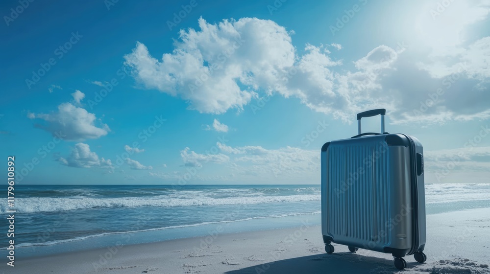 Poster lone suitcase on sandy beach under bright blue sky with fluffy clouds and ocean waves creating seren