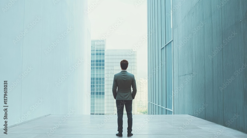 Poster professional male architect in suit overlooking urban building site with modern glass structures in 