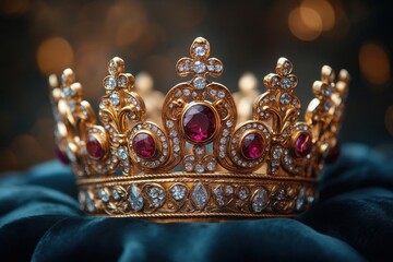 Fototapeta premium majestic royal crown with sparkling diamonds and rubies resting on plush velvet cushion golden details and ceremonial elements with medieval ornaments and royal symbols