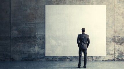 Melancholic Businessman in Suit Staring at Vast Empty Wall with Copyspace in Industrial Setting, Gray Concrete Background, Reflecting Isolation and Stress