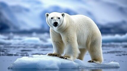Polar Bear Standing on Iceberg in Arctic Ocean during Winter Morning