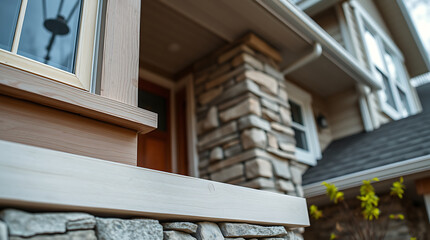 Fototapeta premium House Exterior Architectural Detail: Wood Siding, Stonework, and Window