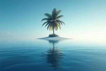 Fototapeta premium minimalist digital illustration of solitary palm tree on tiny tropical island with gradient blue ocean and clear sky