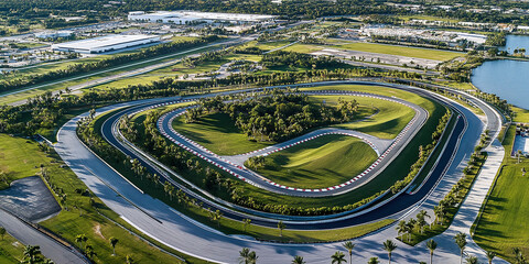 Aerial view of a winding race track surrounded by green landscape and palm trees, showcasing a sharp curve and tropical environment.