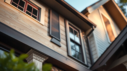 Obraz premium Exterior View of Two-Story House with Wood Siding and Dark Trim