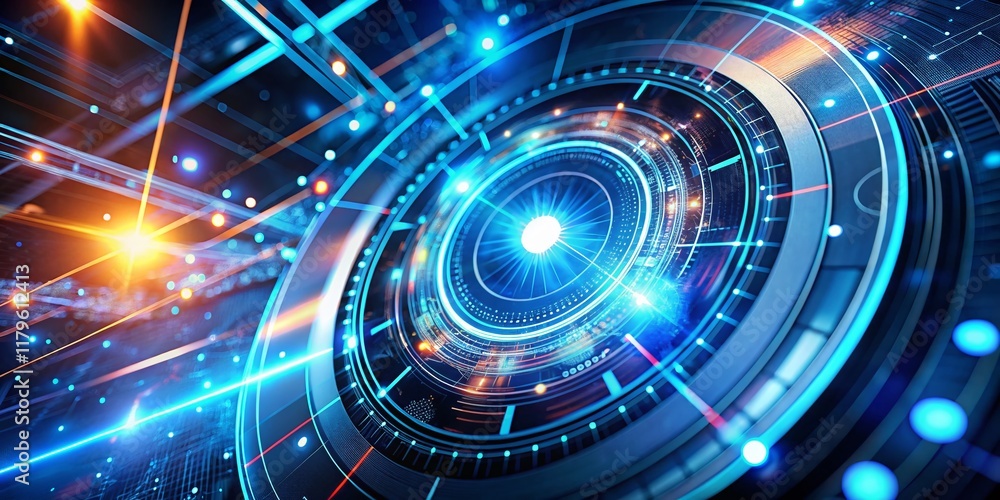 Poster glowing blue abstract geometric tech background - circular lines design