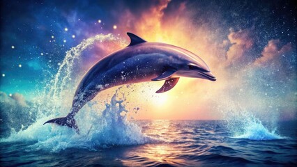 Obraz premium Retro photo: A dolphin leaps, blue particles splashing in a vintage ocean scene.