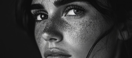 Fototapeta premium Close-up of a freckled womanâ€™s face with striking features and expressive eyes against a soft black background, ideal for text overlay.
