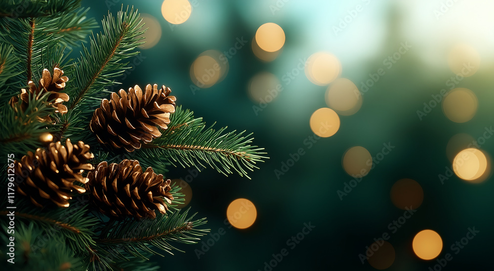 Poster pine tree branches adorned with golden pine cones and soft bokeh lights create warm, festive atmosph