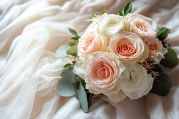 Obraz premium Pale pink rose bouquet and silk bedding neutral color background, blank wedding invitation paper card close up 