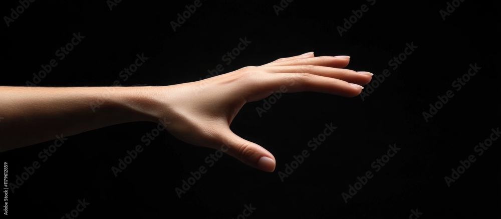 Poster elegant outstretched hand against a black background with vast empty space for text or design to cre