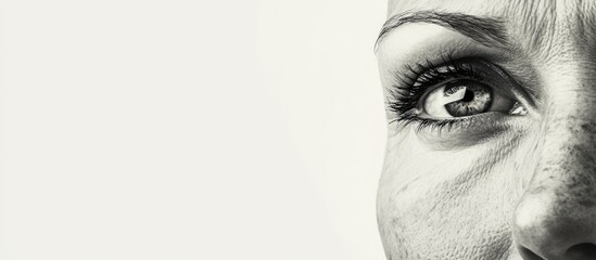 Obraz premium Close-up of mature woman's face featuring prominent wrinkles and expressive eyes with large neutral empty background for advertising or text placement