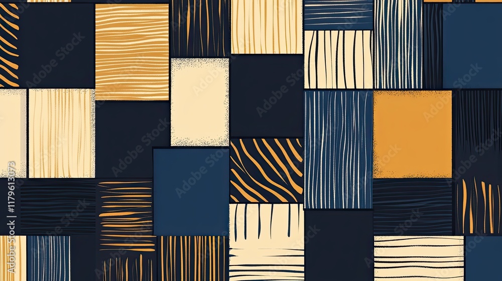 Poster colorful geometric pattern featuring various textures and colors arranged in a diverse grid layout
