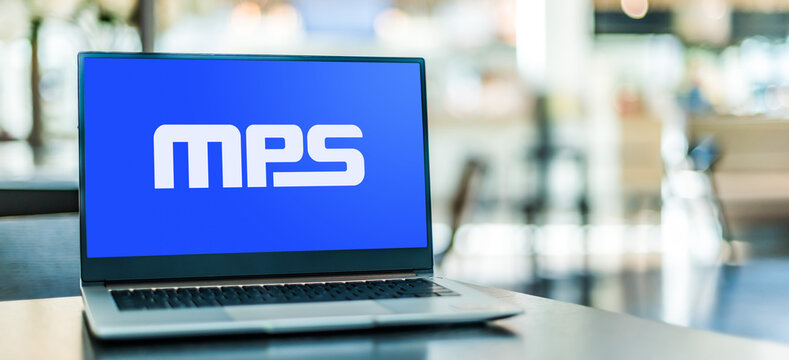 Laptop computer displaying logo of Monolithic Power Systems