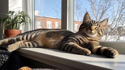 Cat enjoys sunny afternoon by the window in a cozy home setting during winter