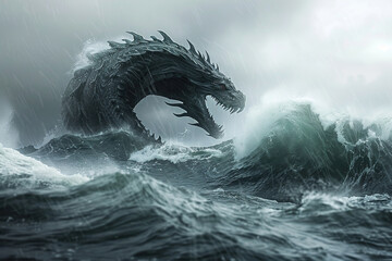 Fototapeta premium Terrifying scary sea monster in dark depths of deep blue ocean, abstract vivid composition consists of fictional unreal fantastic vision on background