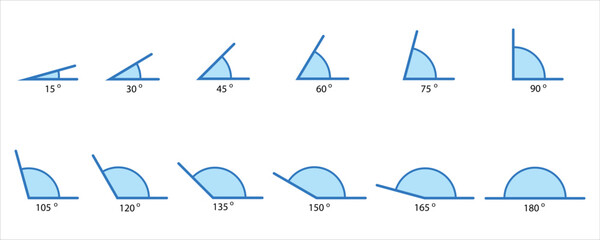 Angle 15, 30, 45, 60, 75, 90, 105, 120, 135, 150, 165 and 180 degrees vector icon set, flat style blue color angles, Math geometric design element, angles templates vectors illustration.