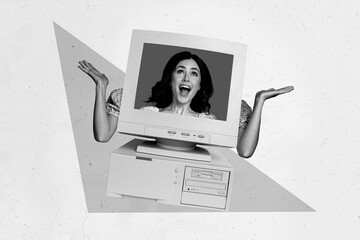 Creative collage image of astonished black white girl inside pc monitor isolated on drawing...