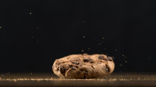 One Chocolate chip cookie falling down on table with crumbs flying in the air in super slow-motion at 800 fps captured with a high-speed camera