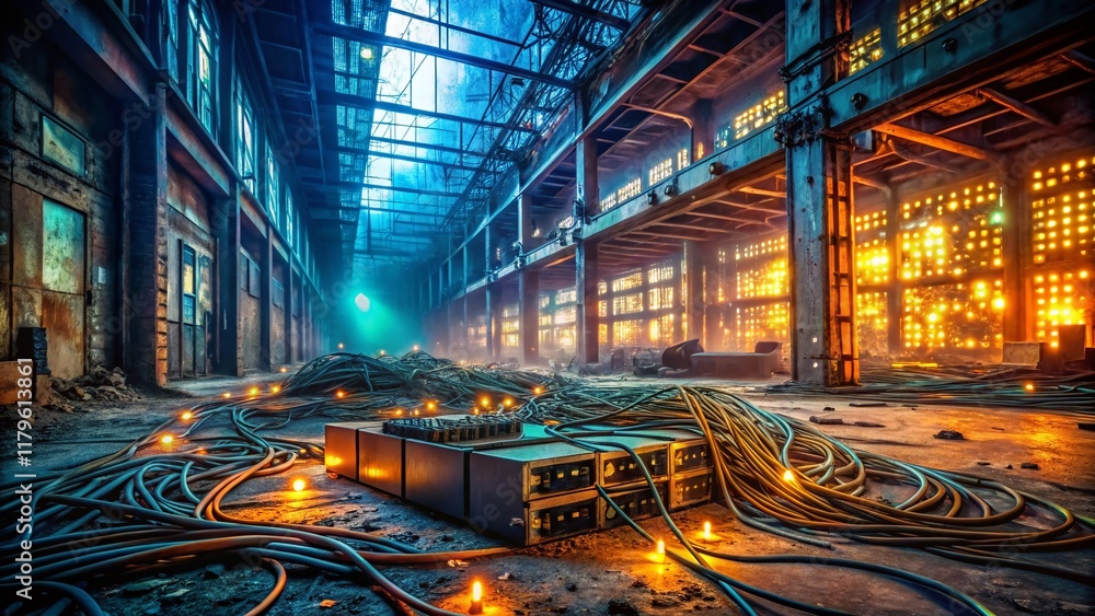 Poster glowing ethernet cables connected to network switch in abandoned building - urban exploration photog
