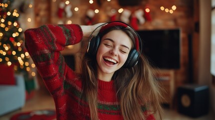 Happy young woman in festive red sweater enjoying Christmas music with headphones while dancing in cozy living room decorated with holiday lights and ornaments, empty space for text.