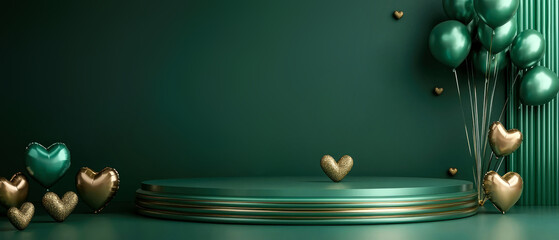 Fototapeta premium Emerald green 3D podium, stage with golden, emerald heart balloons, confetti. Vertical mockup for Valentine’s Day, love promotions, weddings, anniversaries, and festive celebrations. Generative ai 