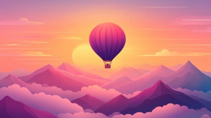 Fototapeta premium Hot Air Balloon Soaring Above Majestic Sunset Mountains