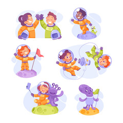 Kids Astronaut Character in Outer Space Exploring Universe Vector Set