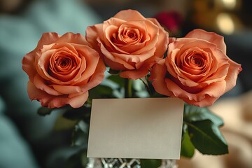 Romantic Arrangement of Orange Roses with Blank Card for Message or Gift Tag