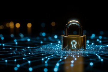 A cybersecurity concept with a padlock overlaying a globe made of connected digital networks with copy space. Subtle ambient light.