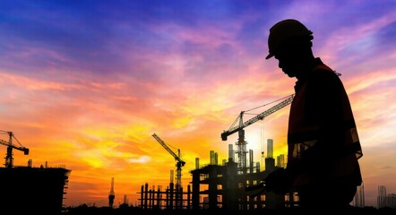 Fototapeta premium Shaping the Future: A Worker’s Dedication in the Sunset.