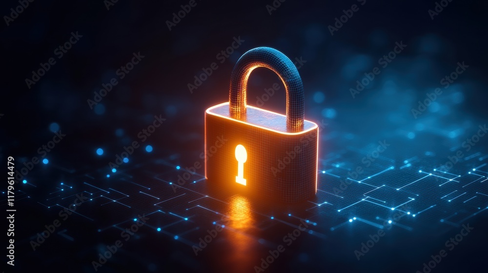 Poster intricate lock mechanism on high-tech circuit board with radiant glowing background creating a futur