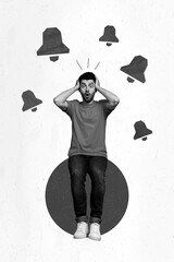 Composite collage photo of young shocked confused man hands head bells alarm reminder about exam...
