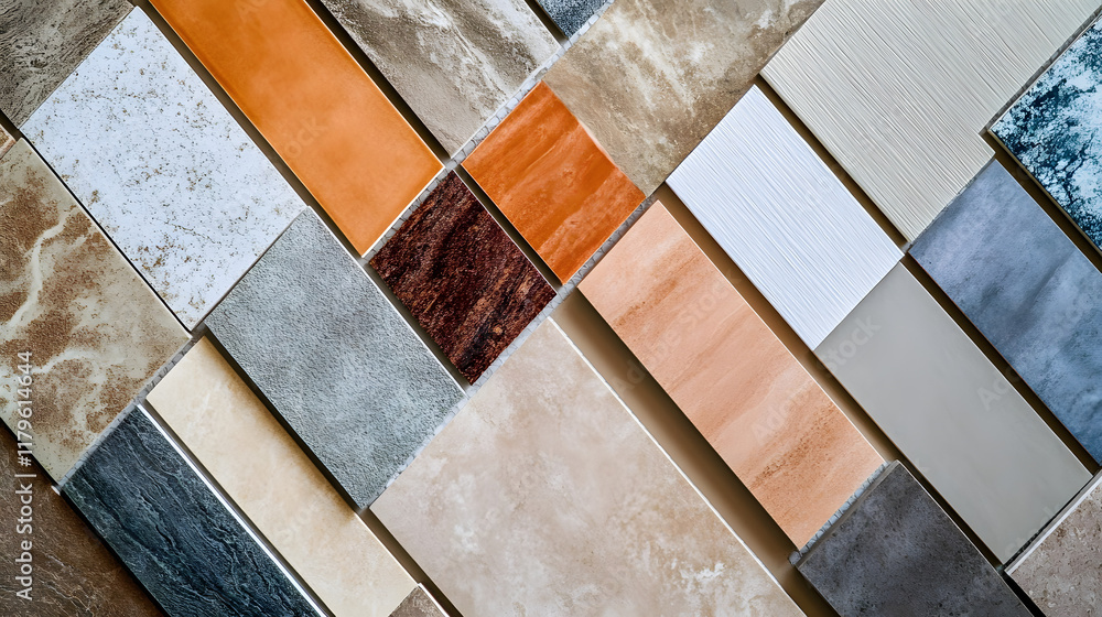 Poster a display of various types of ceramic tiles arranged in a geometric pattern showcasing different col