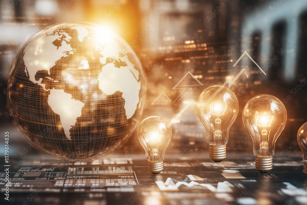 Poster a 3d wireframe globe with floating light bulbs and arrows pointing upwards, symbolizing global busin