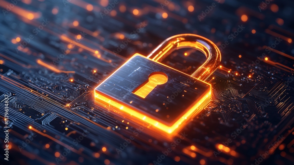 Poster a padlock secured on a complex electronic circuit board symbolizing security and technology in the m