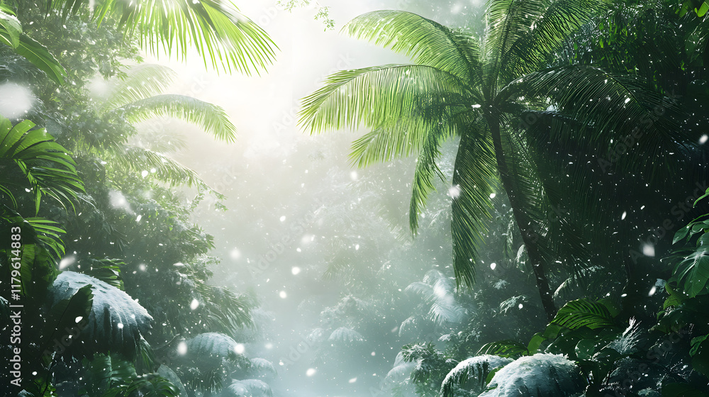 Poster a lush green jungle features towering palm trees surrounded by dense foliage and dappled sunlight cr