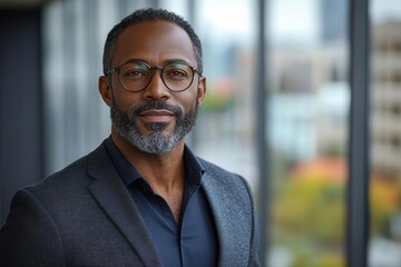 Obraz premium mature african american business executive in modern corporate office setting with city skyline view professional portrait with confident expression