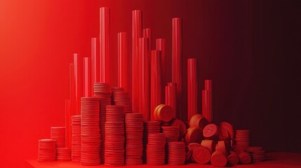 Obraz premium Abstract Red Financial Growth: A 3D Render of Stacks of Coins and Rising Bars Representing Financial Success and Prosperity.