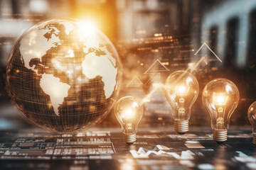 A 3D wireframe globe with floating light bulbs and arrows pointing upwards, symbolizing global business ideas with copy space. Cool high-tech light. 