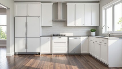 A crisp, modern kitchen featuring sleek white cabinets, gleaming stainless steel appliances, and frosty countertops that exude calmness