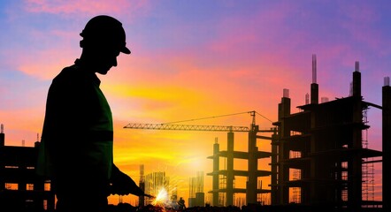 Fototapeta premium Shaping the Future: A Worker’s Dedication in the Sunset.