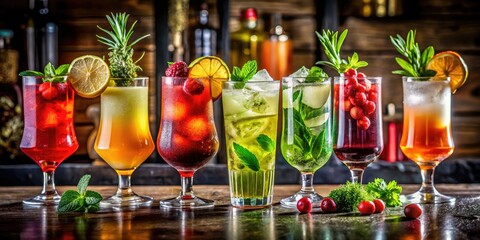 Six colorful cocktails, garnished with fruit and herbs, create a lively bar scene in this stunning photography.