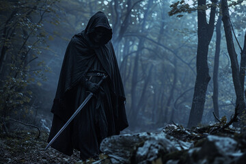 Scary grim reaper with sharp scythe in hell with dark dramatic color, abstract vivid composition consists of fictional unreal fantastic vision on background