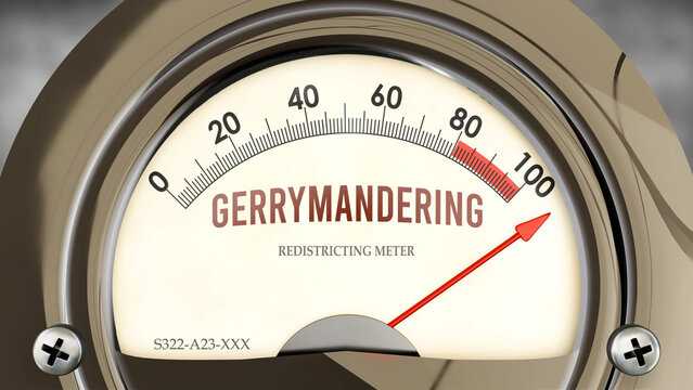 Gerrymandering and Redistricting Meter that is hitting a full scale, showing a very high level of gerrymandering, overload of it, too much of it. Maximum value, off the charts.  ,3d illustration