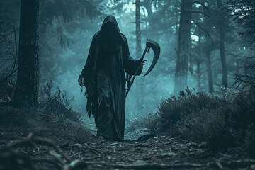 Scary grim reaper with sharp scythe in hell with dark dramatic color, abstract vivid composition consists of fictional unreal fantastic vision on background