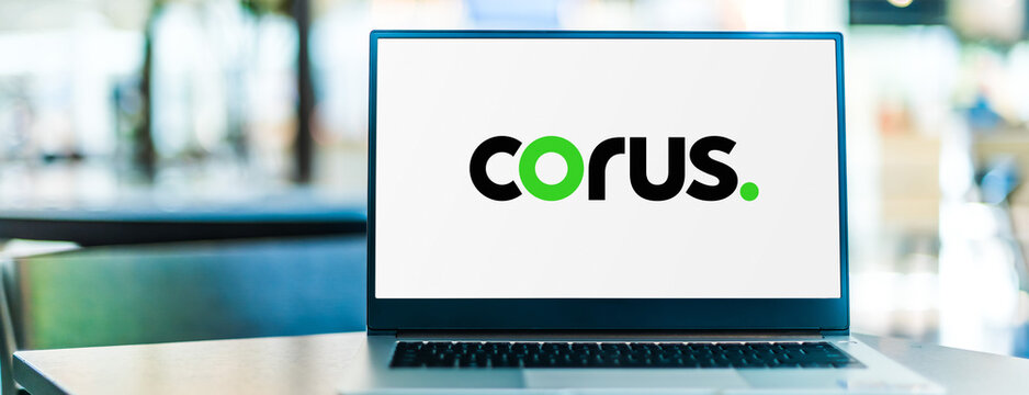 Laptop computer displaying logo of Corus Entertainment