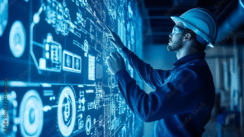Poster a worker with a safety helmet inspects a digital interface filled with blueprints and technical deta