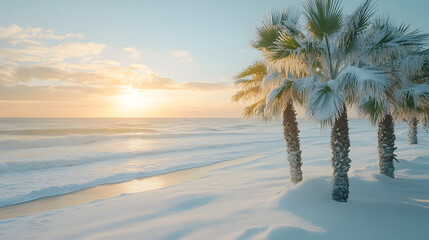 A snowy beach scene features palm trees covered in frost, with gentle waves lapping at the shore and a warm sunset casting a soft glow over the winter landscape