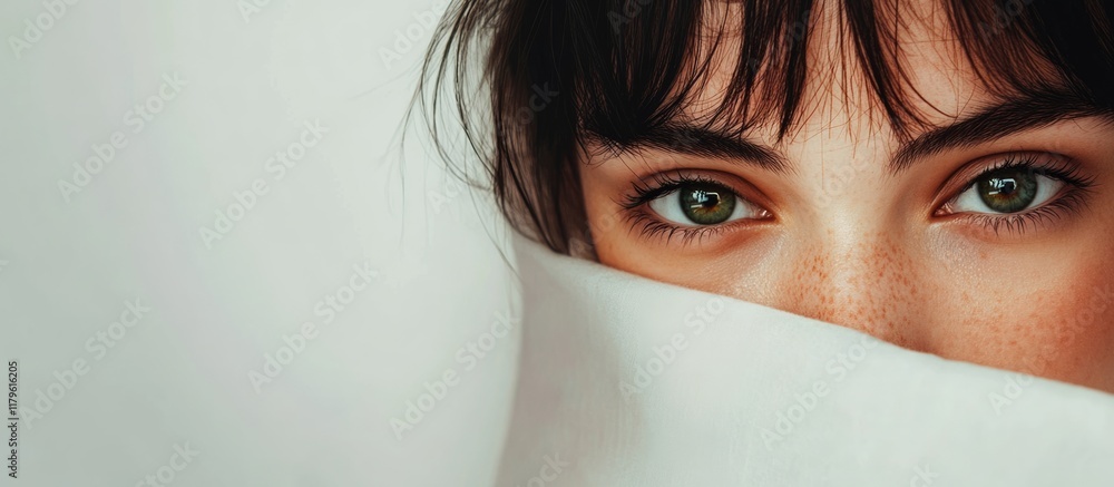 Poster elegant close-up portrait of a model with striking green eyes against a soft neutral background feat